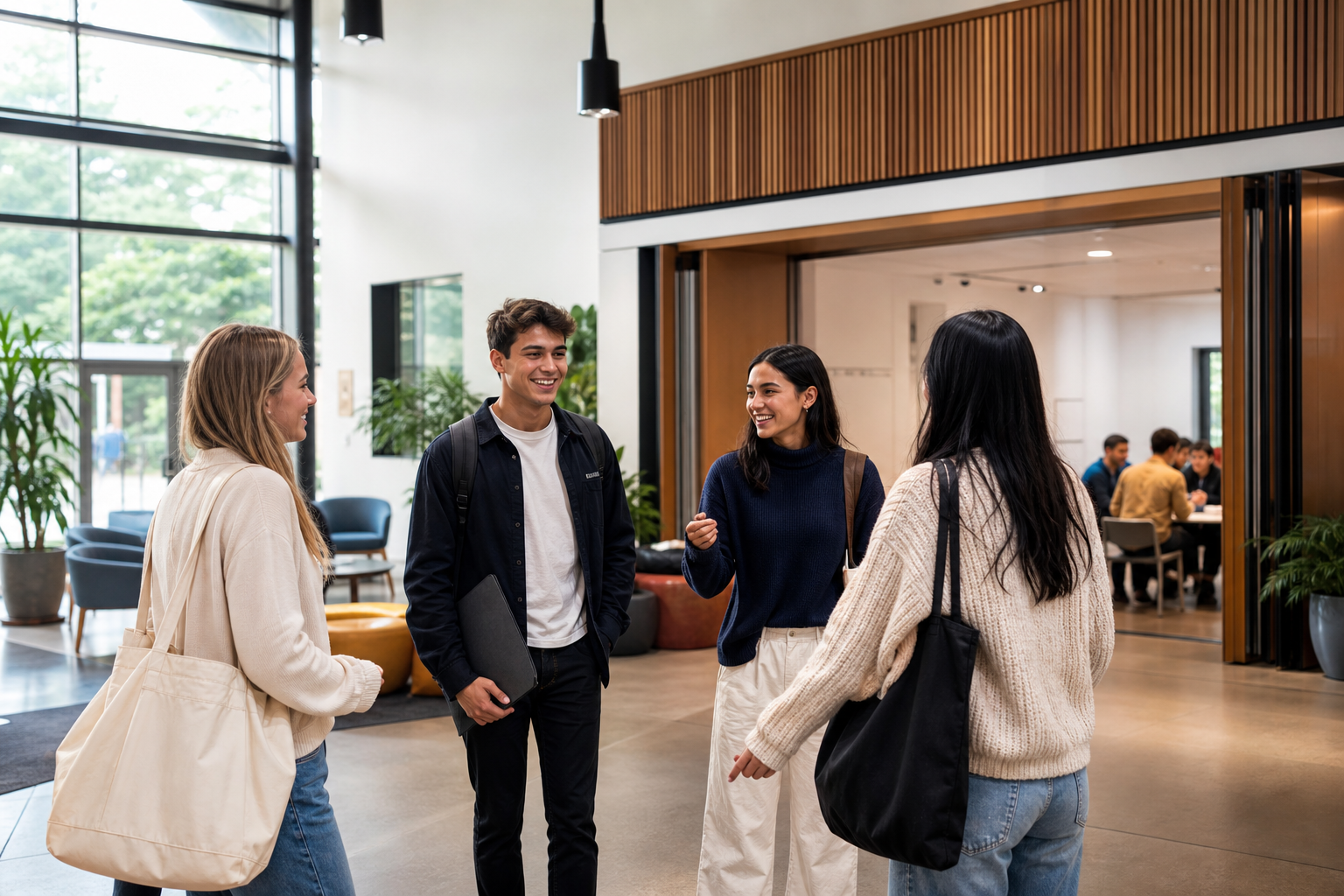 Young people gathering in a welcoming university campus space