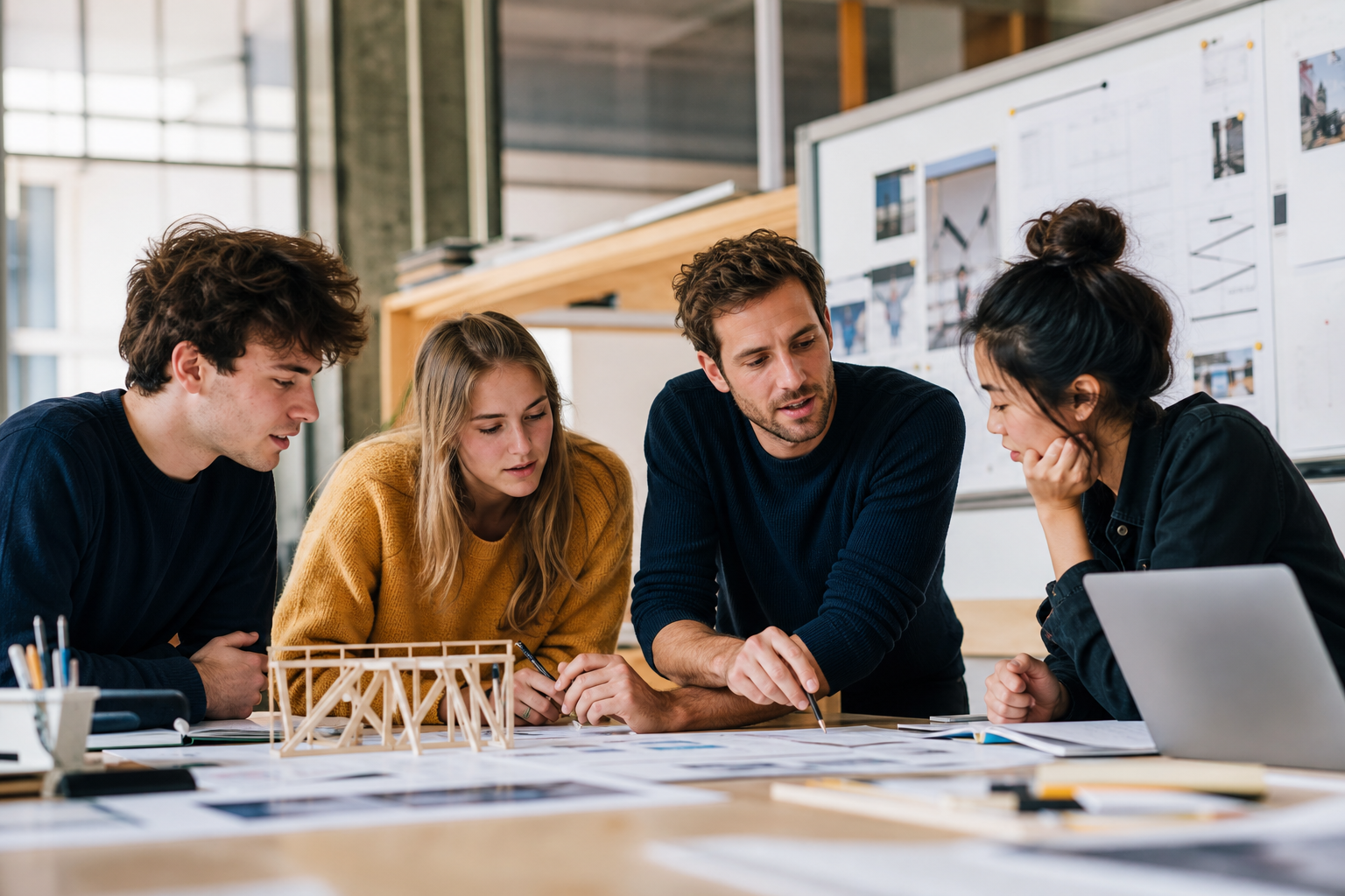 Students and a mentor reviewing a practical project together