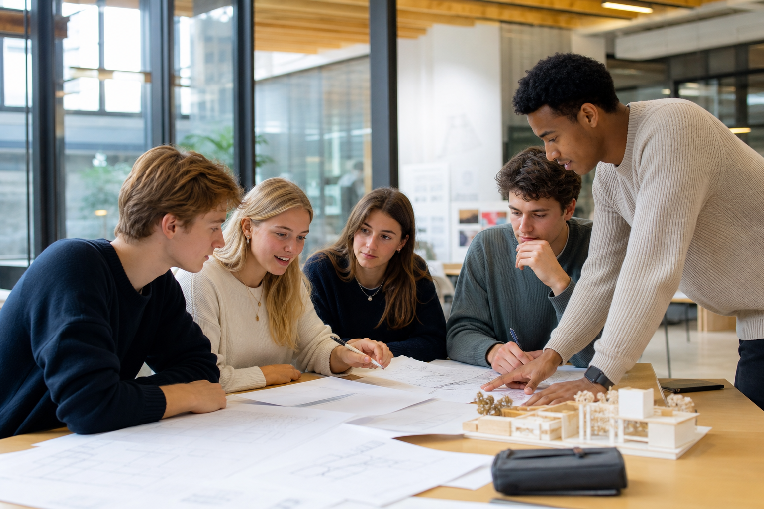 Students collaborating on a practical challenge in a university workshop